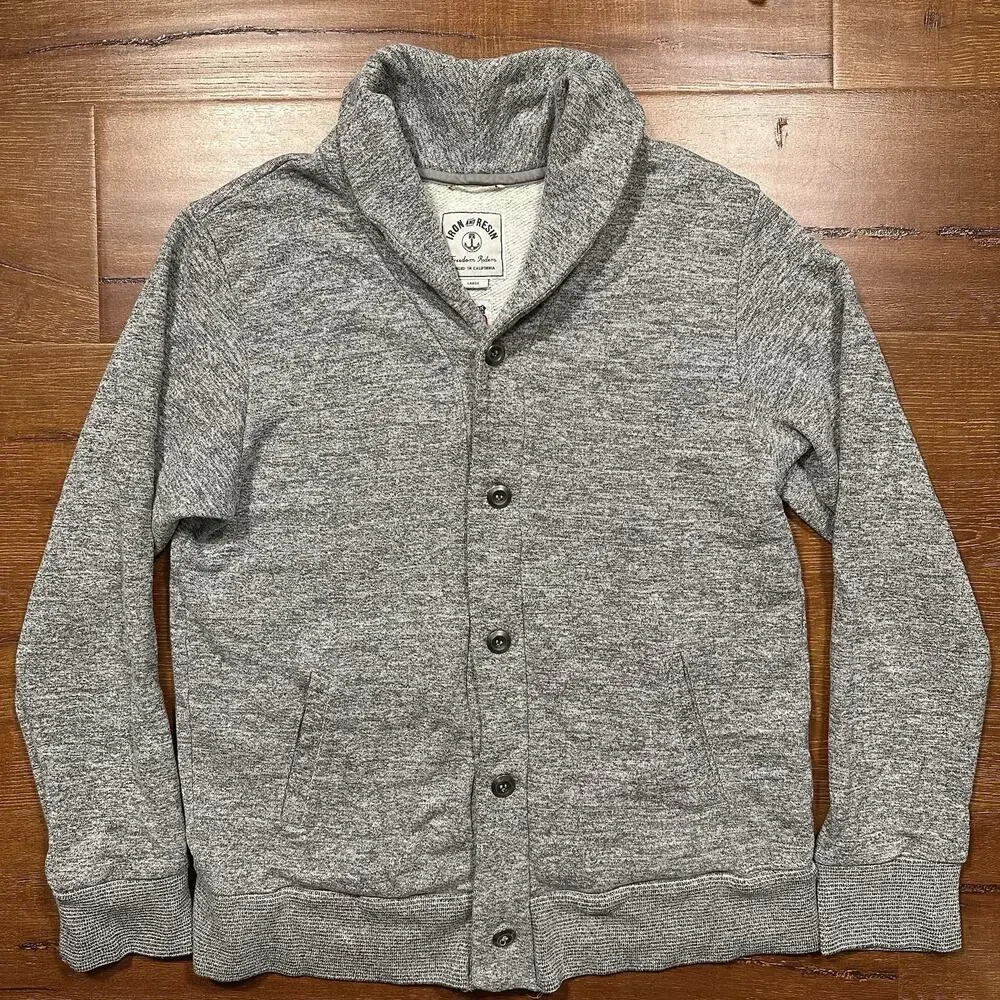 Iron and Resin Handmade Cardigan Sweater Mens L Gray Shawl Retro Preppy USA